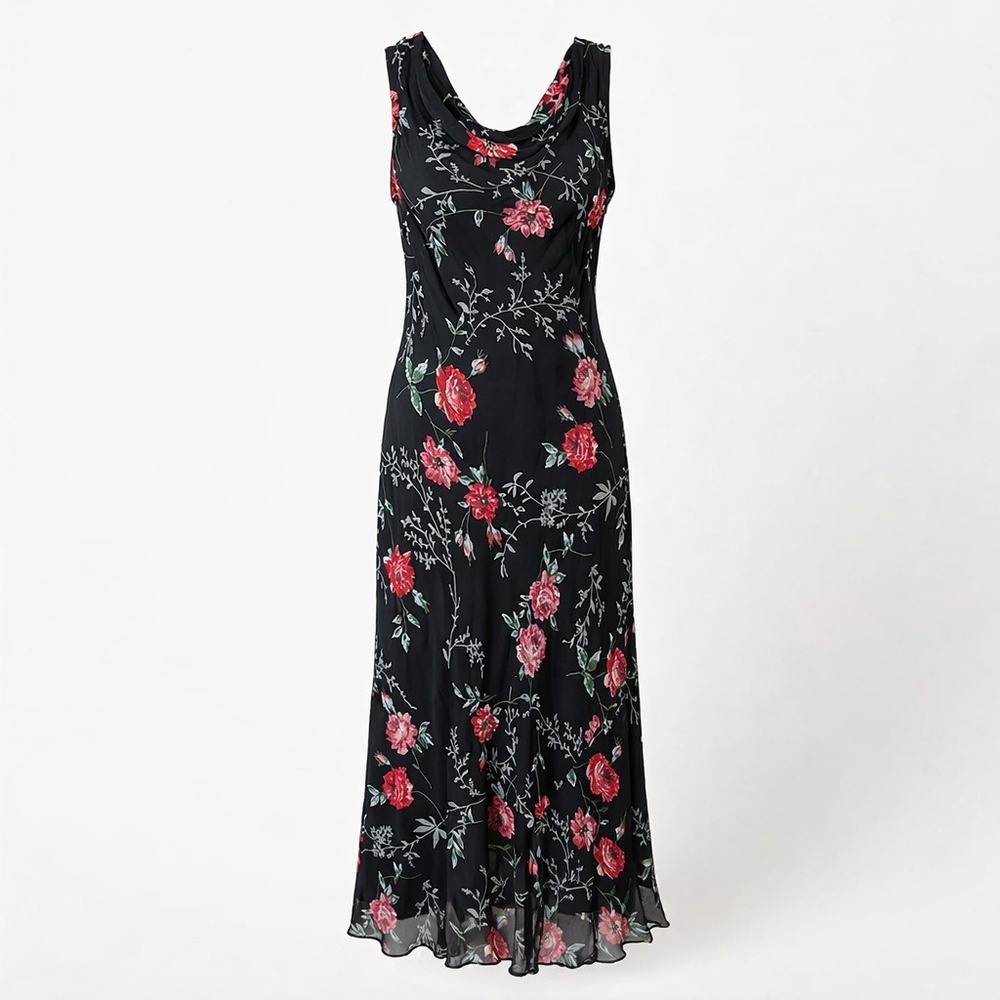 Eva Blue Womens Black Floral Beaded Drape Neck Midi Dress 12P Fairy Wimsygoth
